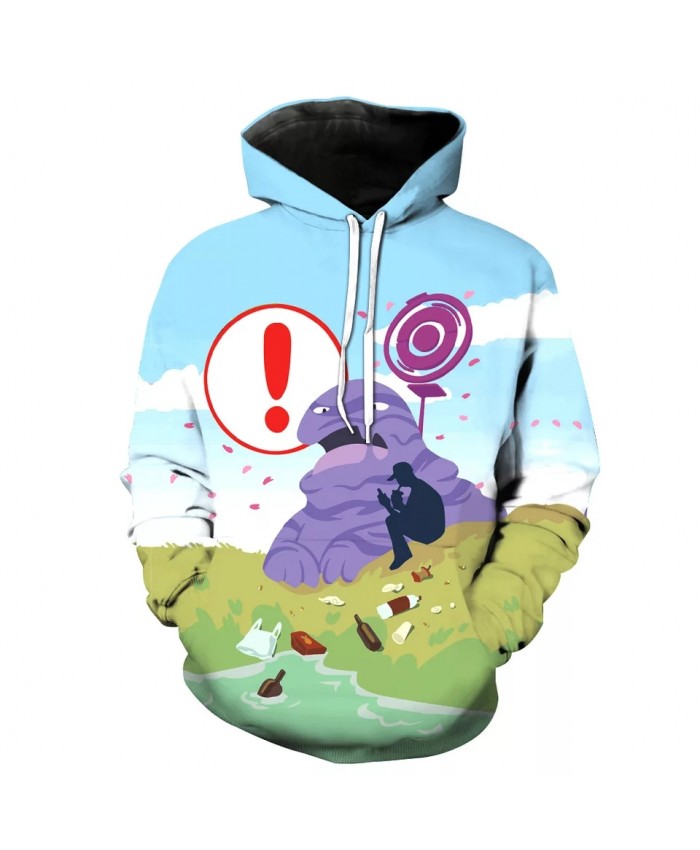 Blue sky cartoon purple monster print fashion 3D hooded sweatshirt