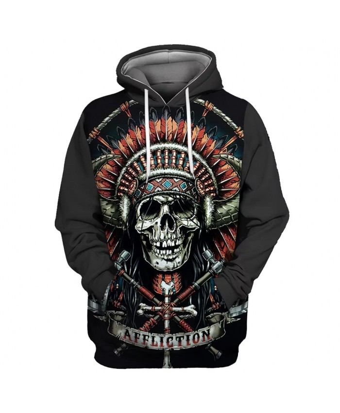 Red Feather Bandana Cross Decorated Metal Skull Print Cool 3D Hooded Sweatshirts
