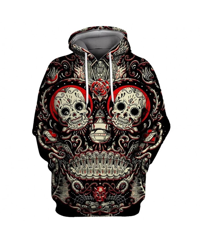 Red devil graffiti line flower skull print fashion 3D hooded sweatshirt