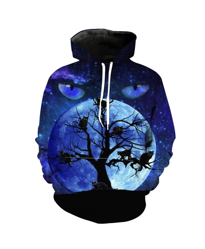 Men's Fashion 3D Hoodie Blue starry eyes dry tree cat print sweatshirts