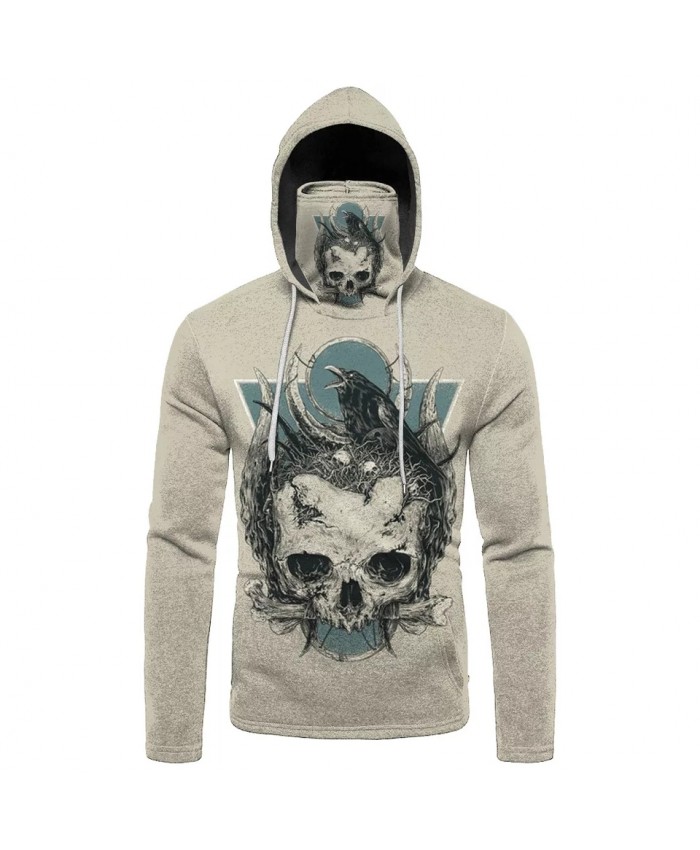 Black crow white skull print beige mask hooded sweatshirts men's casual sportswear