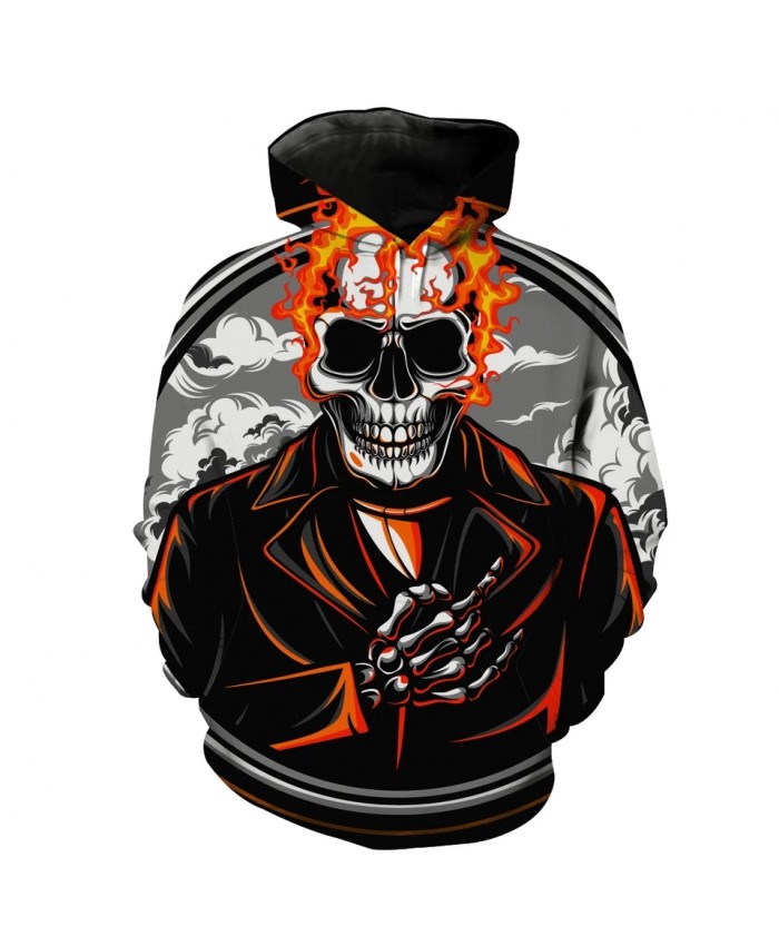 Men's Fashion 3D Hoodie Gray smoke red suit skull print sweatshirt