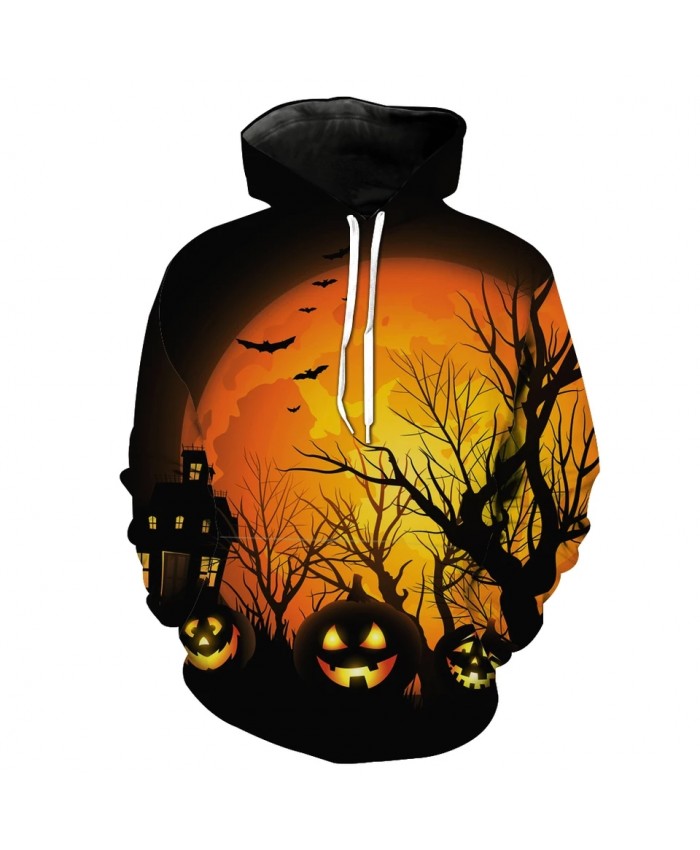 Men's Fashion 3D Hoodie orange Moon Pumpkin Lantern Tree Bat Print Fun Sweatshirt