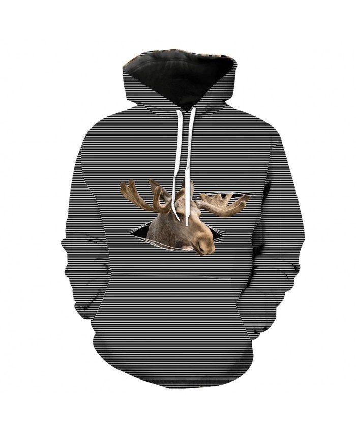 Men's Fashion 3D Hoodie Grey striped deer print fun sweatshirt