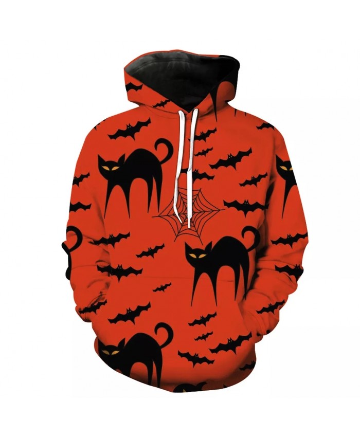 Black Bat Cat Print Men's Casual Red 3D Hoodie