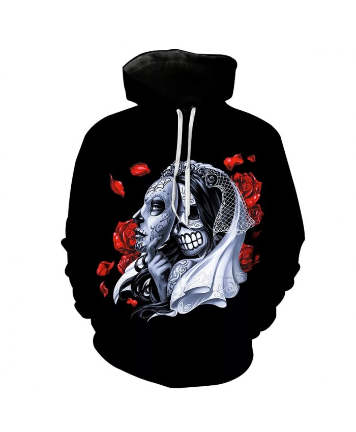 Red Fallen Leaves Grey Mask Skull Lady Print Fashion Hooded Sweatshirts