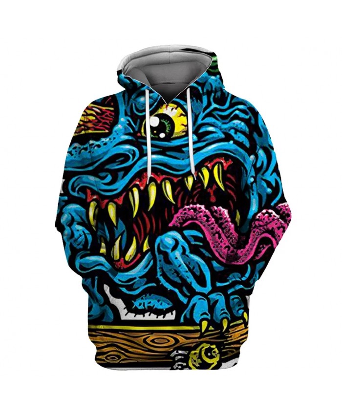 Yellow eyes long tongue blue monster print fun 3D hooded sweatshirts