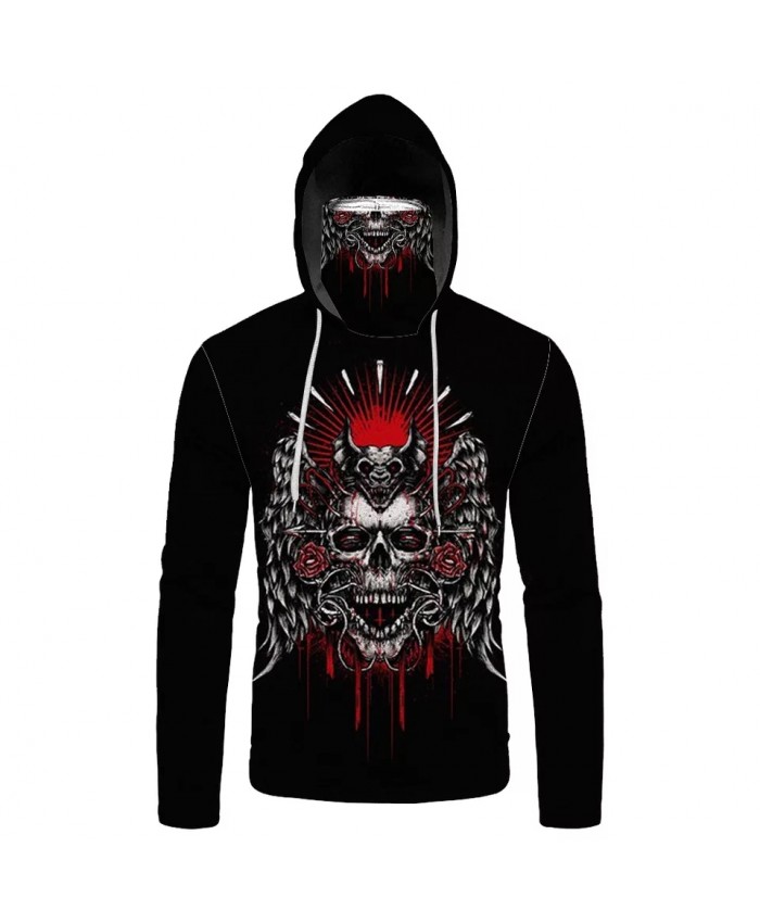Men's Casual Black Sweatshirt Angel Wings Metal Skull Print Mask Hoodies