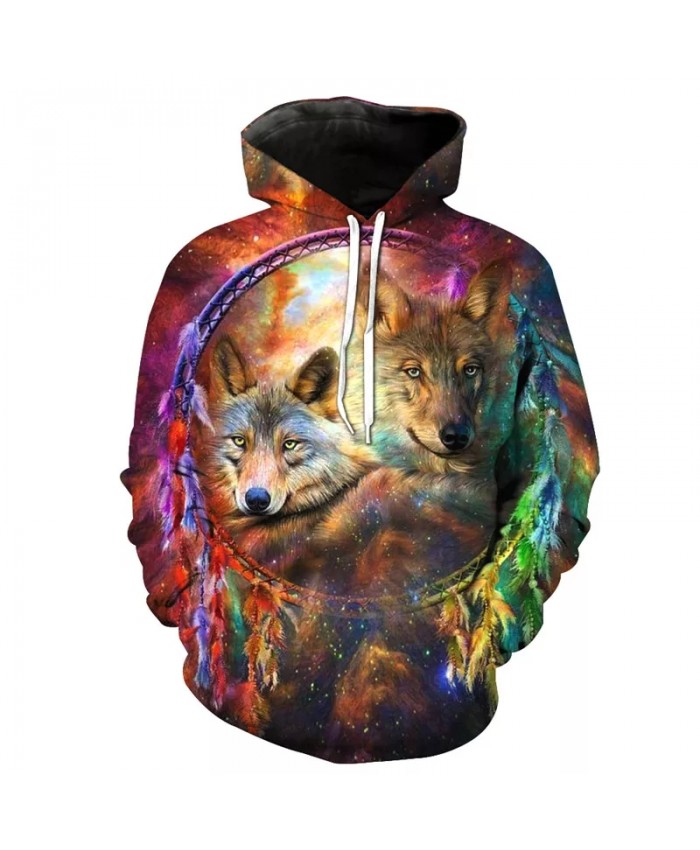 Colorful starry sky graffiti yellow wolf green leaf print fun 3D hoodies