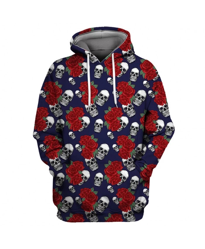 Red rose white skull print cool 3D hooded sweatshirt