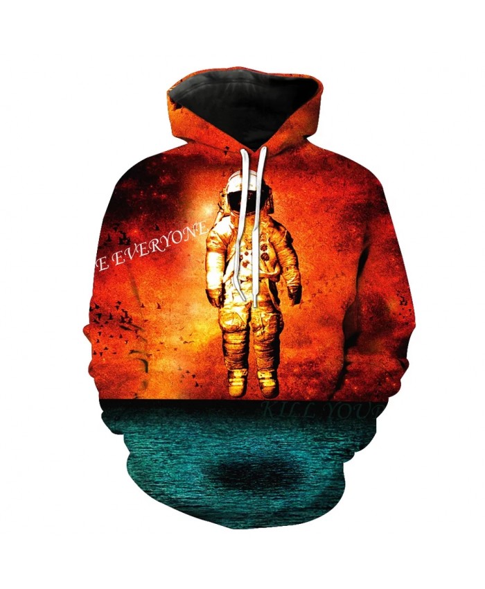 Blue lake surface red flame white astronaut print casual 3D hooded sweatshirt