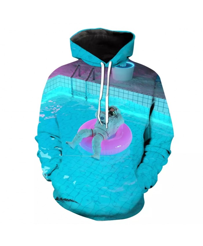 Blue swimming pool pink swimming ring astronaut print 3D hooded sweatshirt