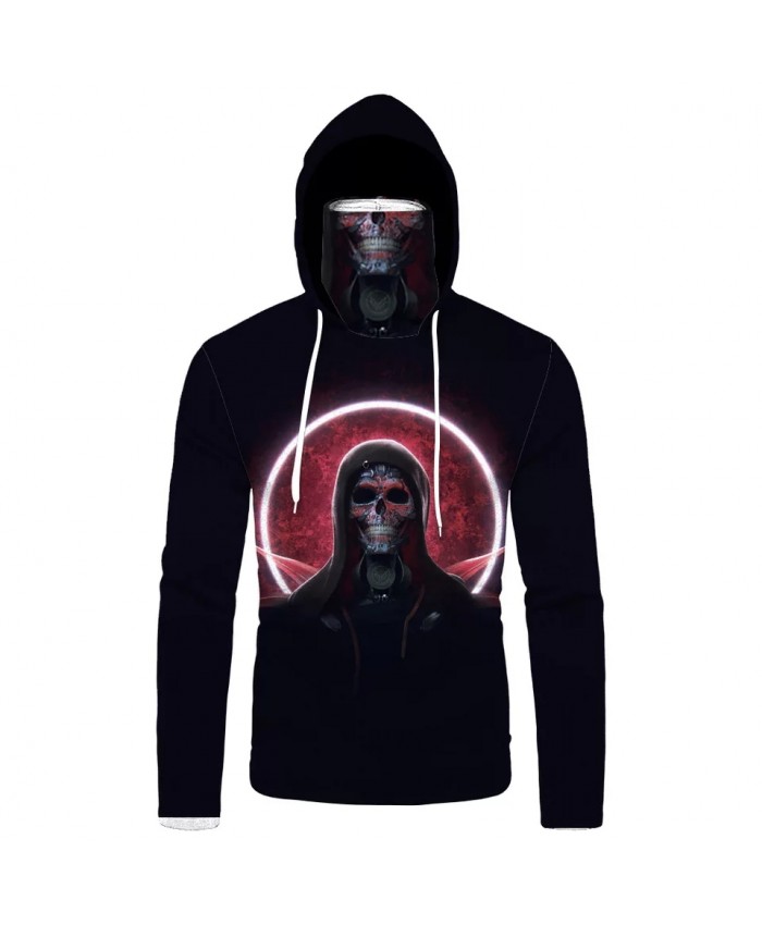 Red sun black skull print men's cool black mask hoodies casual sweatshirts