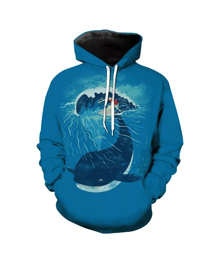 Anime cartoon blue whale print men's casual 3D hooded sweatshirt