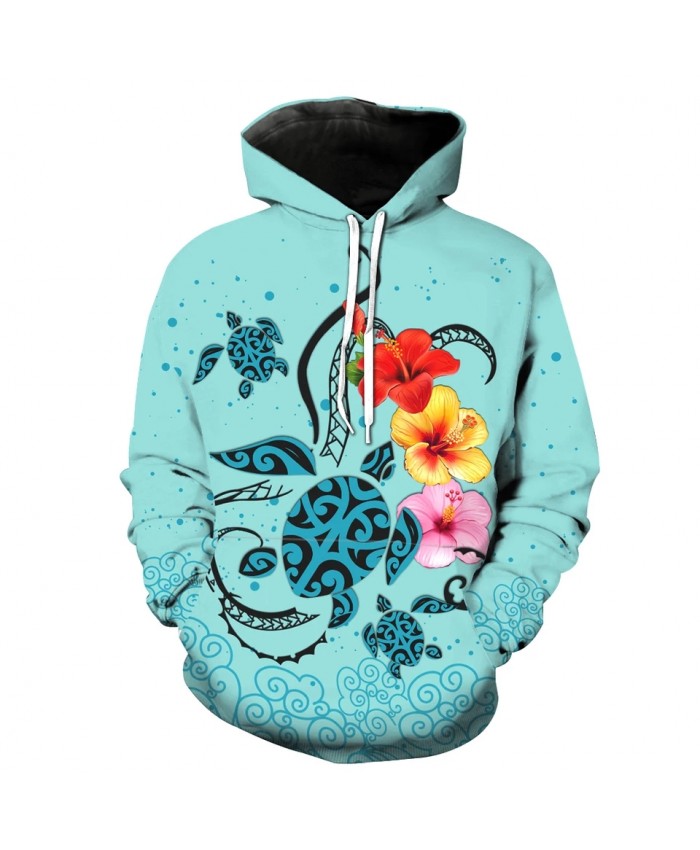 Men's Fashion 3D Hoodie Blue turtle bright flower print sweatshirts