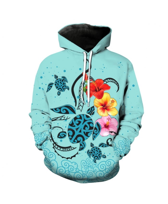 Men's Fashion 3D Hoodie Blue turtle bright flower print sweatshirts