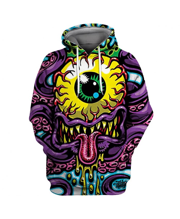 Yellow eyeball and purple mouth horror monster print fun 3D hooded sweatshirt
