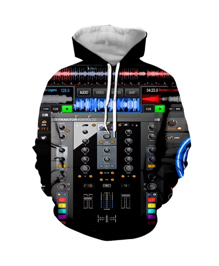 3D Print DJ Equipment Mens Hoodies Sweatshirt With Hat Pocket Men Autumn Spring Tracksuit Pullover