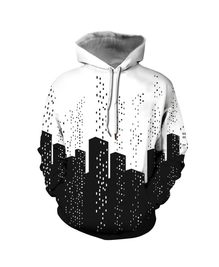 New Harajuku Graffiti Print Black White Skyscrapers Hooded  Hoodie Fashion Sweatshirt Hoodies Men Clothing Coat Tops