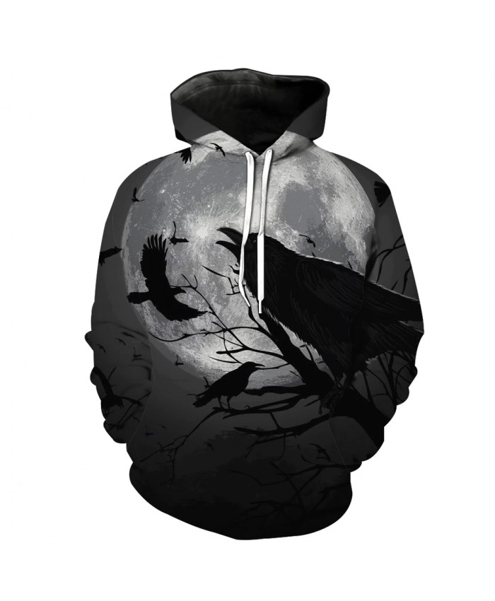 Men's Fashion 3D Hoodie Skull Flying crow gray moon print sweatshirt