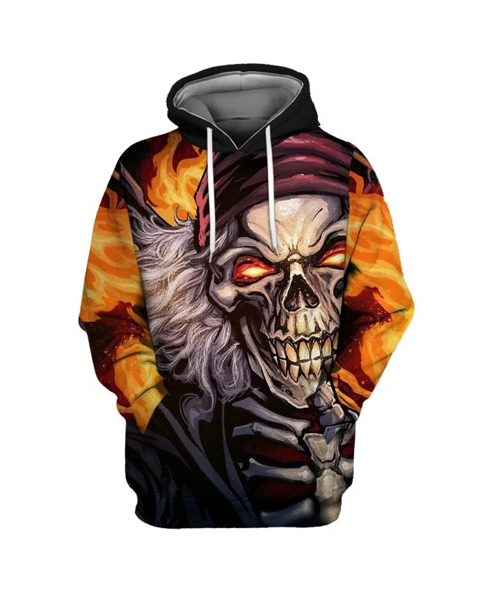 Red turban gray hair smiling skull print 3D flame hooded sweatshirts
