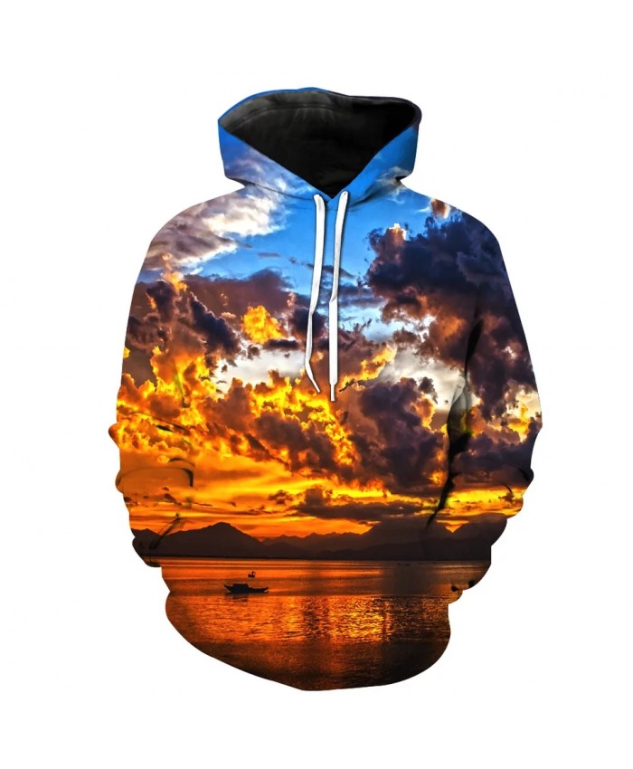 Blue sky orange cloud lake print fashion 3D men's hooded sweatshirts