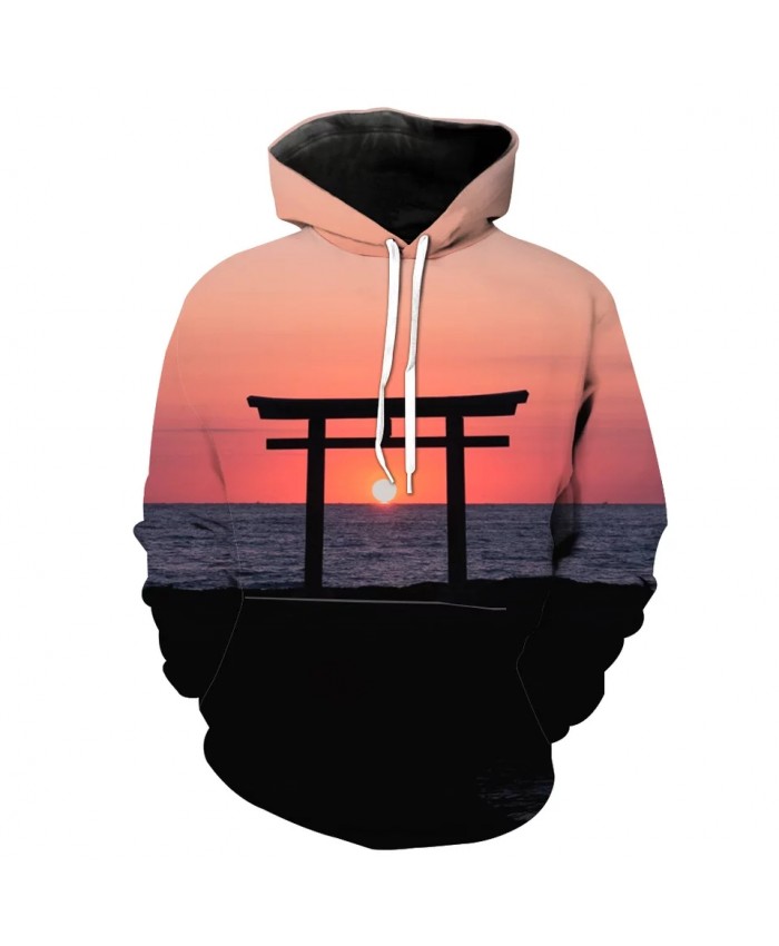 Seaside sunset print 3D men's casual hoodies
