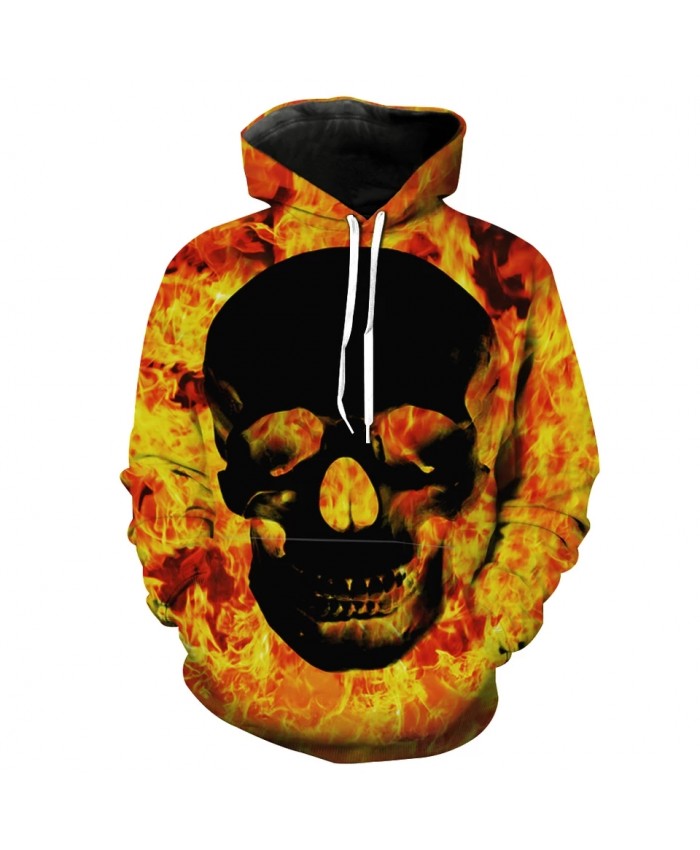 Burning flame black skull print fashion 3D hooded sweatshirt