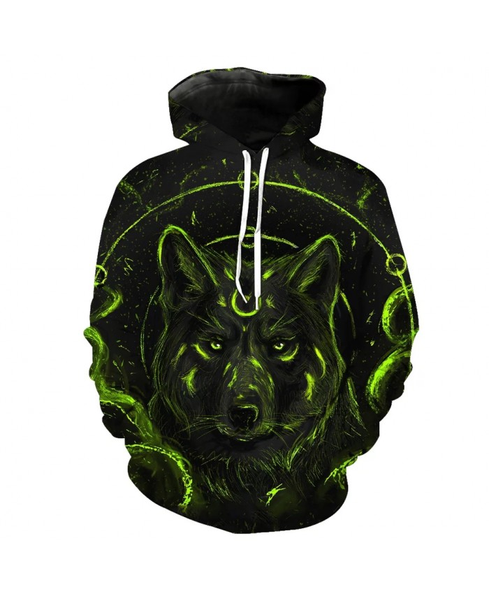 Green metallic circle wolf print fun 3D hooded sweatshirts