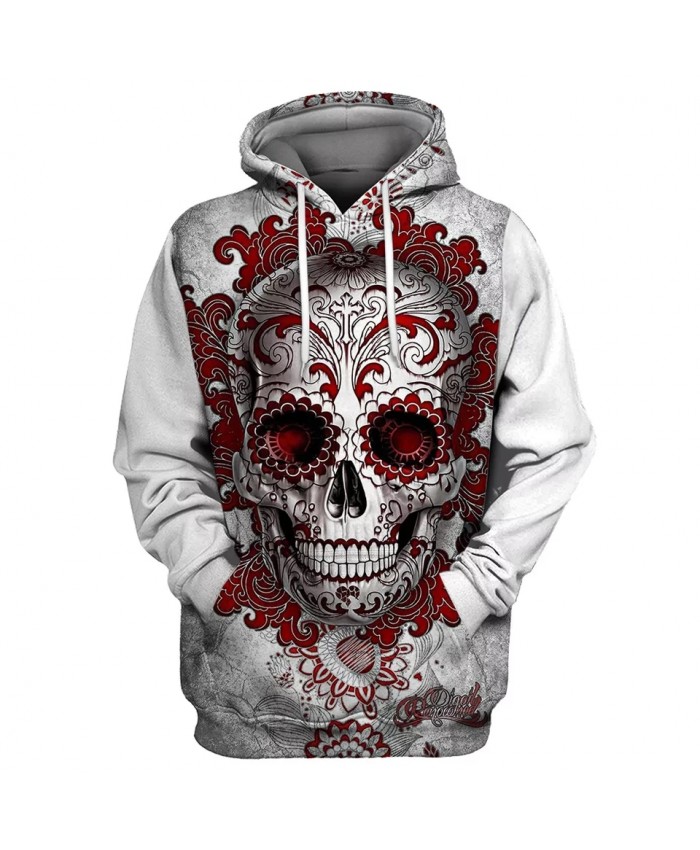Stitching design red cut flowers white skull print cool 3D hooded sweatshirts