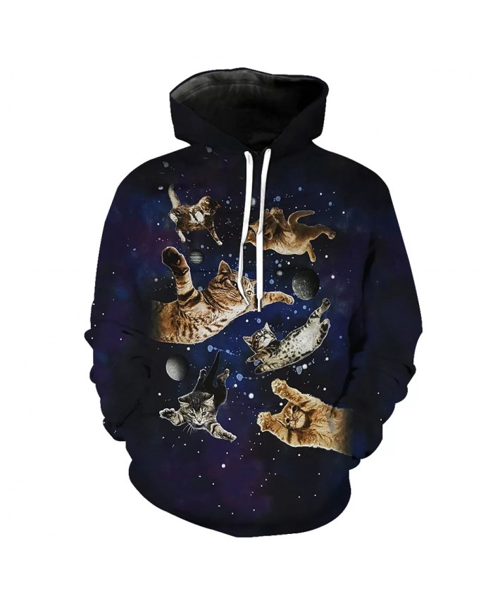 Blue galaxy flying khaki grey cat print fun 3D hooded sweatshirts