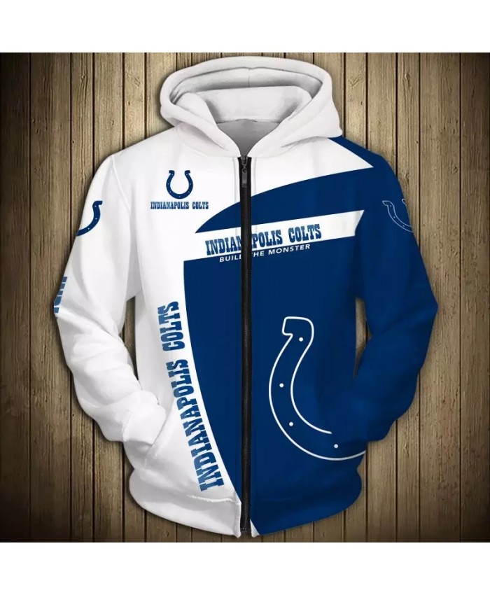 Indianapolis Fashionable American Football Colts Zipper hoodies White blue stitching letter U printing 3D sweatshirt