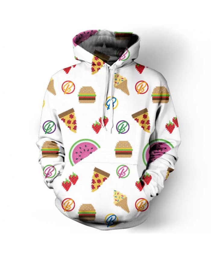 Pizza ice cream watermelon strawberry print white casual men's hooded sweatshirts
