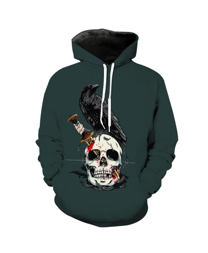 Men's Fashion 3D Hoodie Bronze dagger skull crow print green sweatshirt