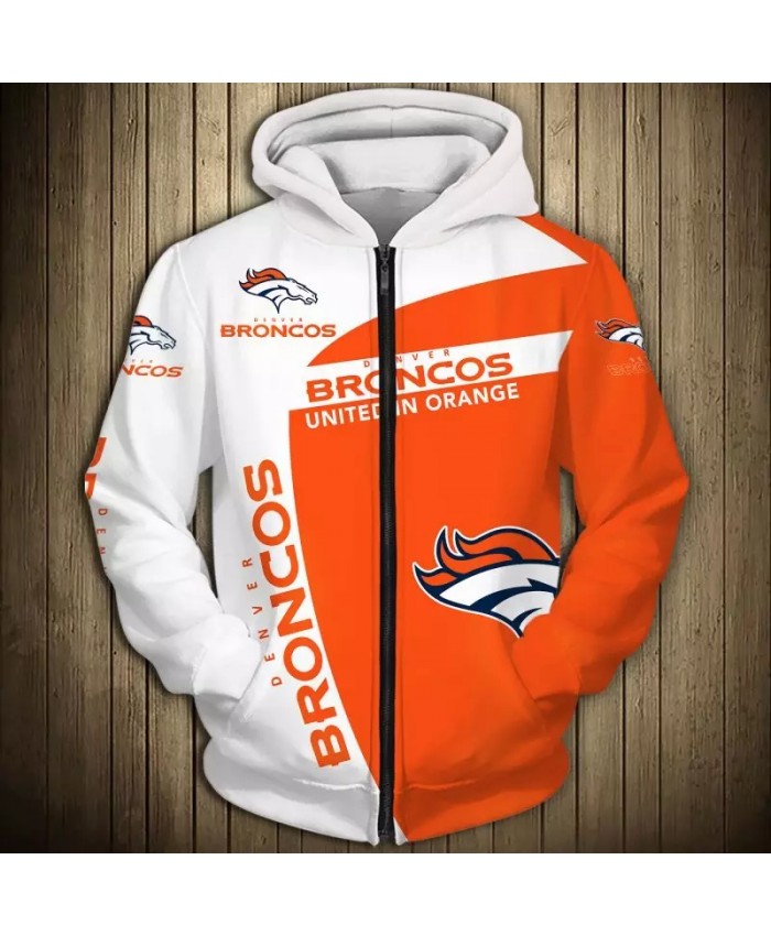 Denver Fashionable American Football Broncos Zipper hoodies White orange stitching geometric horse print 3D sweatshirts 1