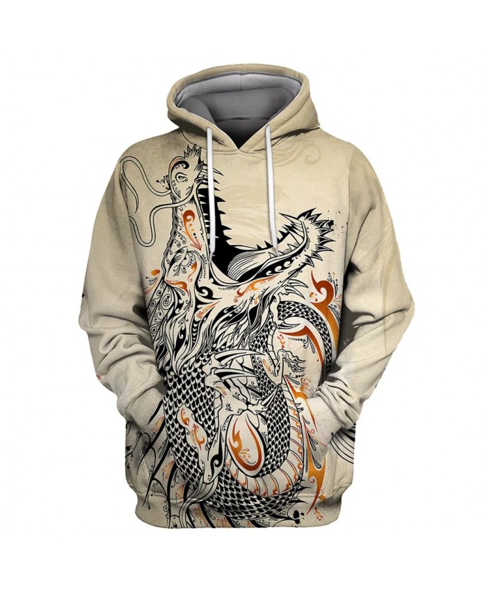 Graffiti Roaring Dragon Print Beige Men's Casual 3D Hooded Sweatshirts