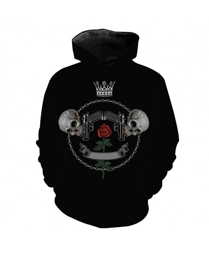 Men's Fashion 3D Hoodie Rose gun skull crown print sweatshirt