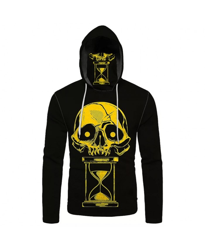 Golden hourglass yellow skull print cool 3D black masked hooded sweatshirt