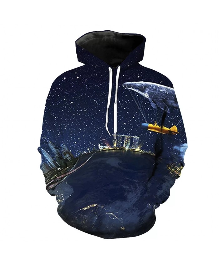 Blue starry sky flying whale print fun 3D hooded sweatshirt