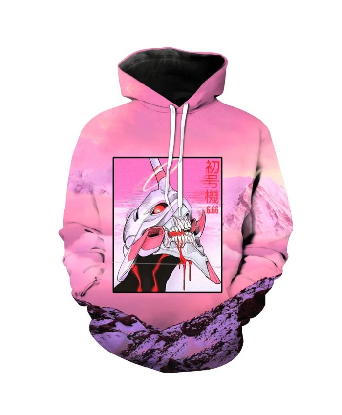 Red Snow Mountain Robot Monster Print Fashionable Men's Hoodie