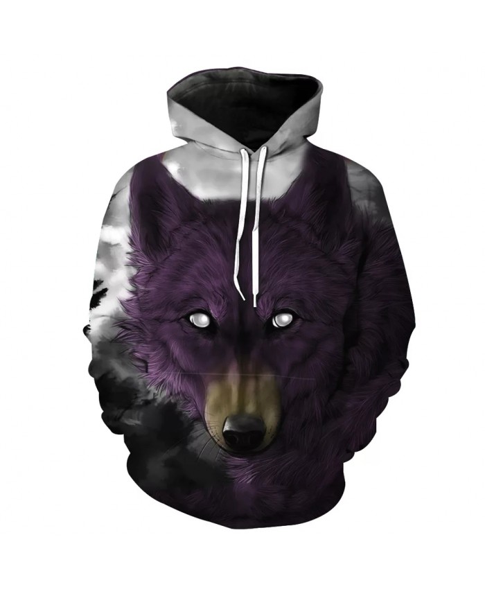 Cool 3D Hooded Sweatshirt With White Eyes And Purple Wolf Print