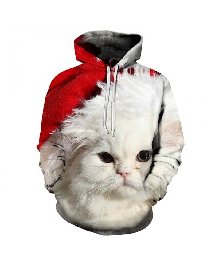2021 Christmas Casual Fashion 3D Printed Hoodies Men Christmas white kitten pattern