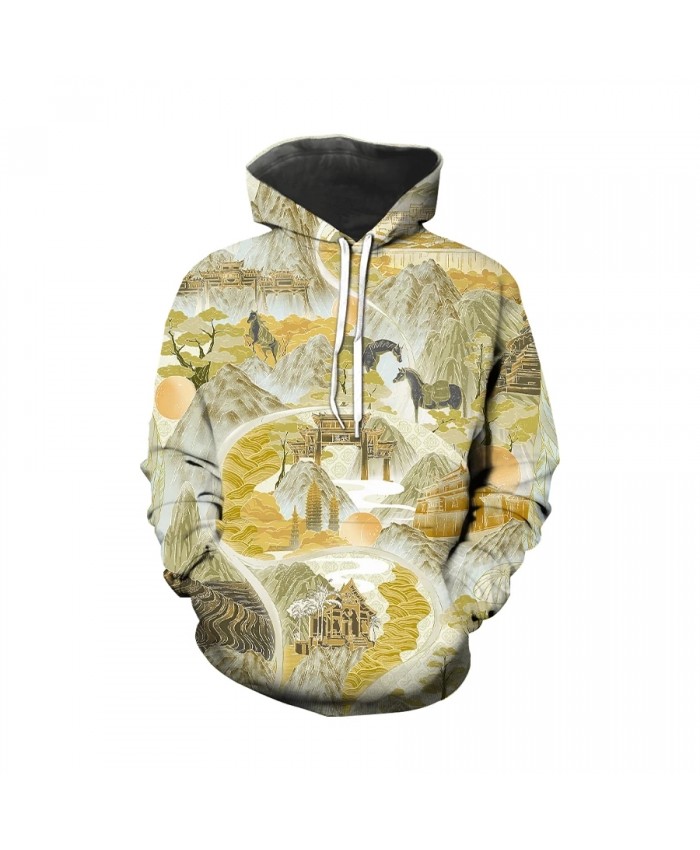 Creative design 3D printing Chinese elements landscape painting simple fashion hooded pullover hip-hop plus size streetwear
