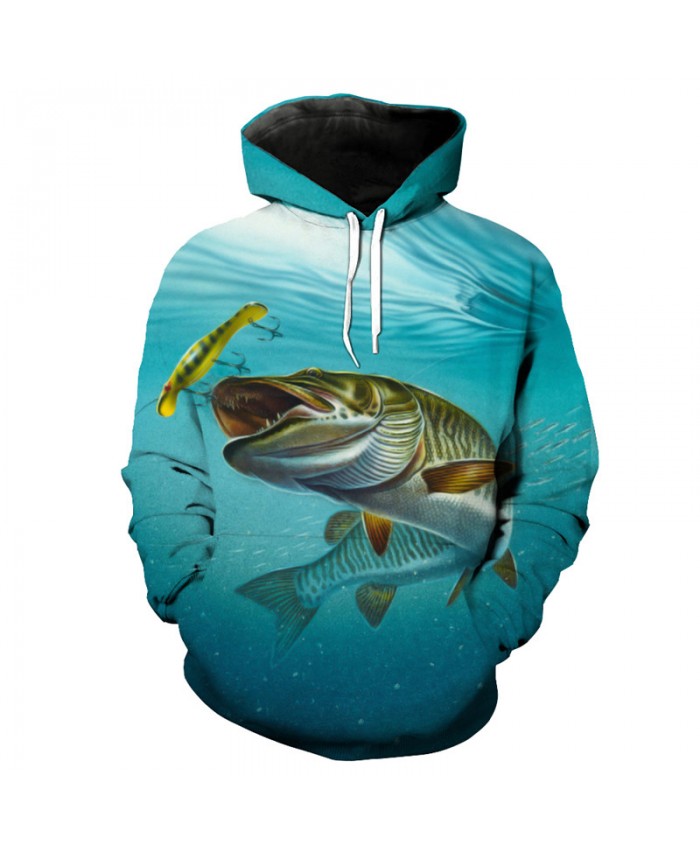 3D Fish Series Green Hooded Sweatshirt chase hook fish print fun pullover sportswear Men Women Casual Pullover Sportswear