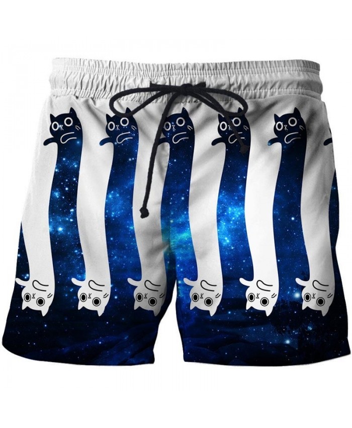 3D Print Blue And White Cat Men Shorts Casual Cool Elastic Waist Men Stone Printed Beach Shorts Male Fitness Shorts