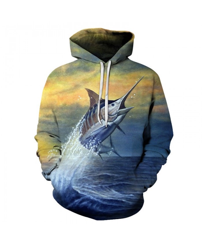 3D Printed Fish Rushing Out Of The Water Mens Pullover Sweatshirt Clothing for Men Custom Pullover Casual Hoodie