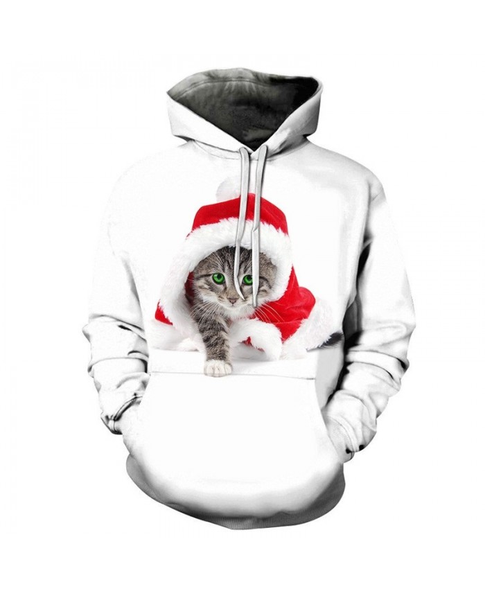3D Printed Hoodies Casual Fashion Sweatshirts Sport Hoodies For Men Cat Wearing A Christmas Hat