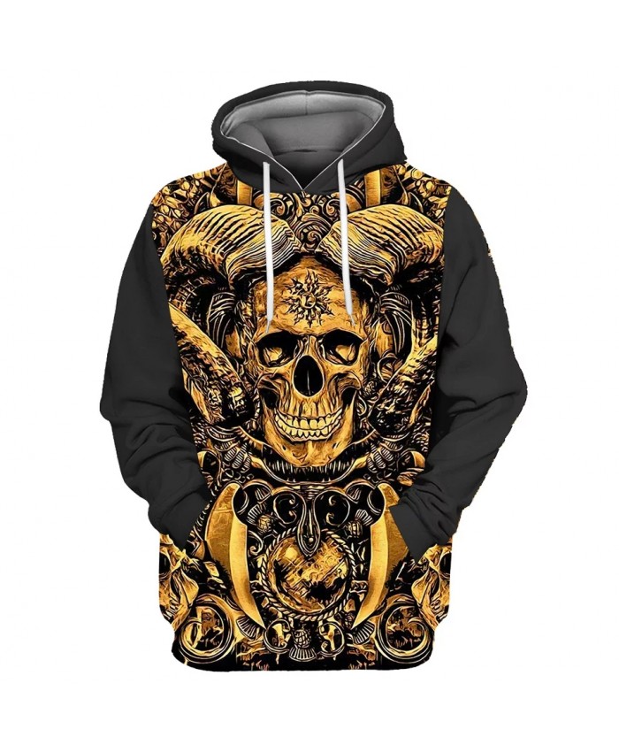 Gold jewelry smiling skull print stitching 3D hooded sweatshirts