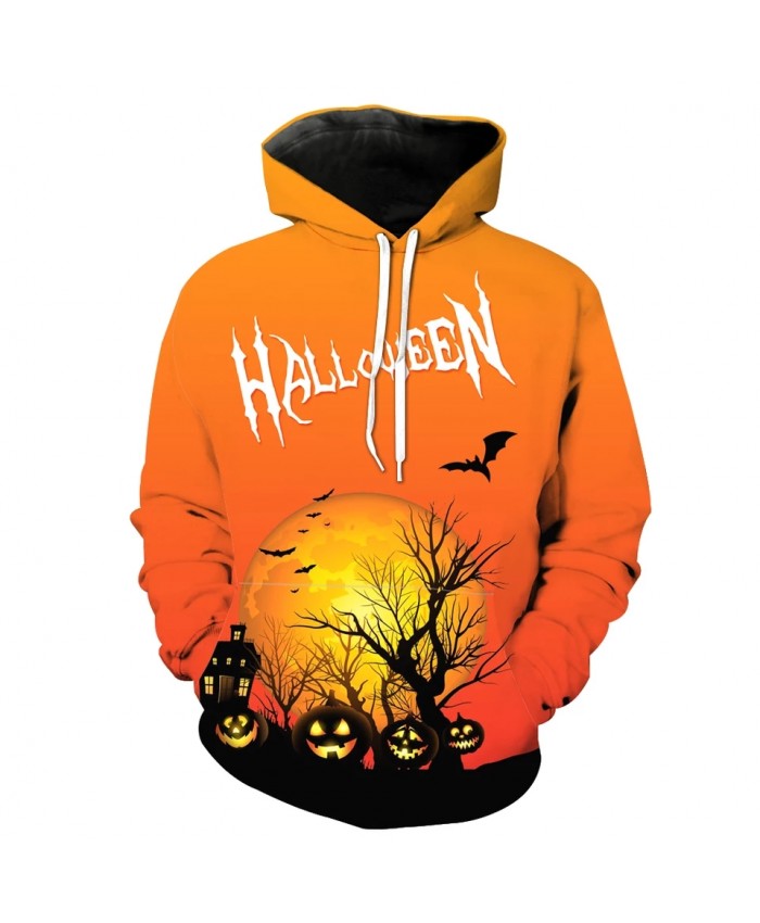 Men's Fashion 3D Hoodie Castle Bat Withered Tree Print Halloween Series Yellow sweatshirt