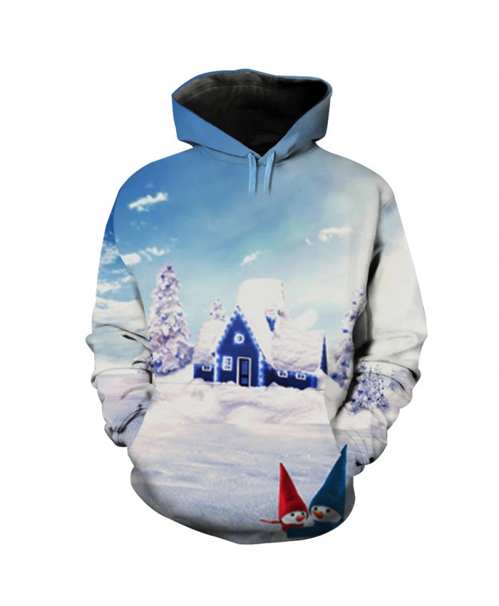 Blue sky and white clouds fairy tale village snowman print fashion hooded sweatshirt